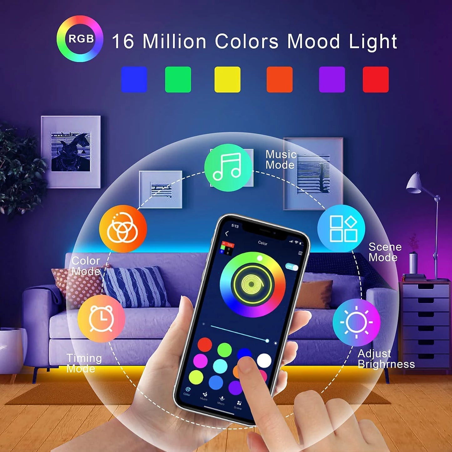 RGB LED Strip Lights – App Controlled Flexible Room Lighting
