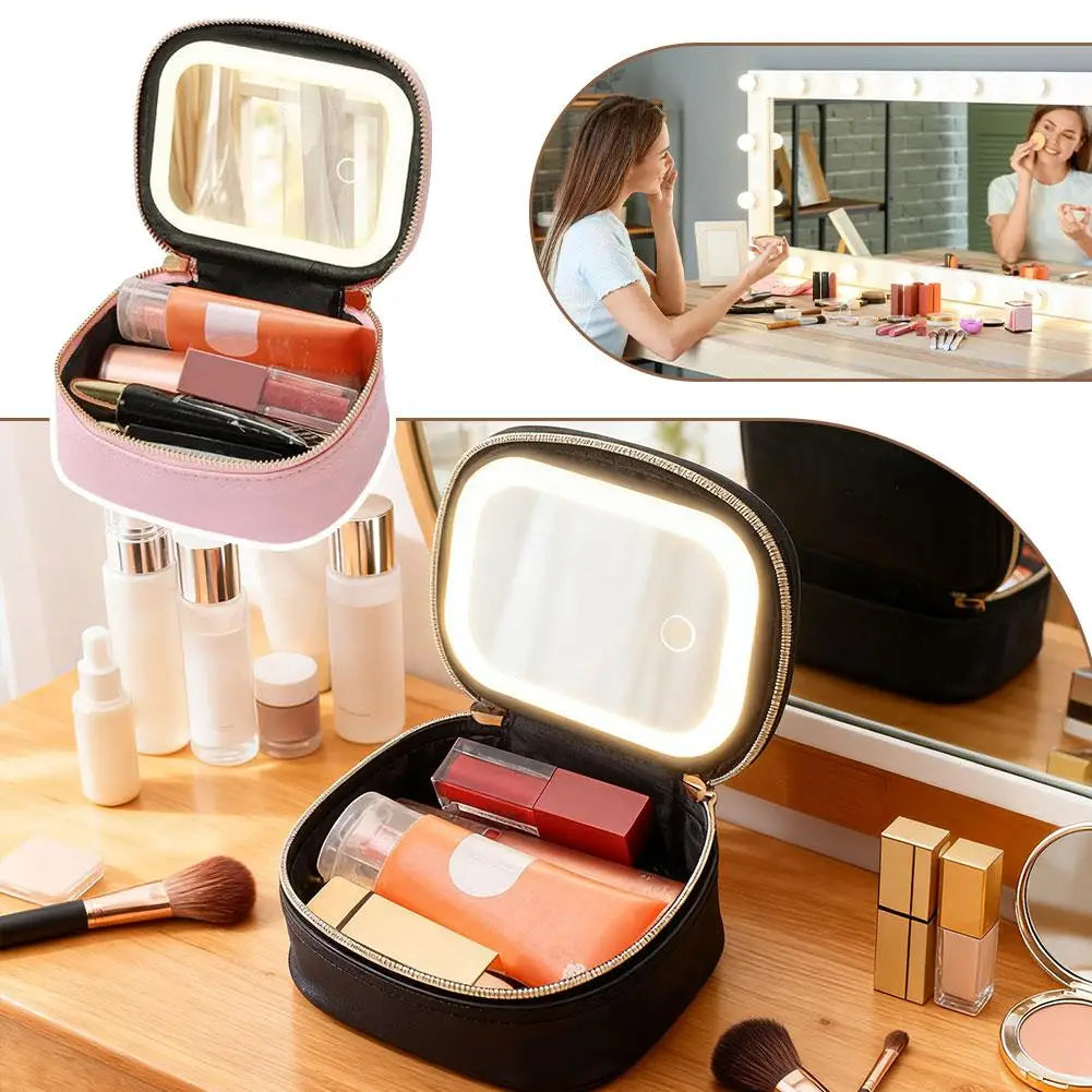 LED Travel Makeup Bag – Rechargeable Cosmetic Mirror with 3 Light Modes