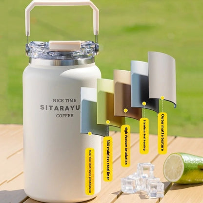 Stainless Steel Thermal Bottle – Insulated Travel Tumbler with Handle & Straw