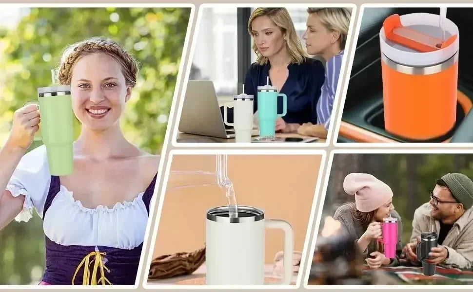 Stainless Steel Insulated Bottle – Hot & Cold Travel Mug with Handle & Straw