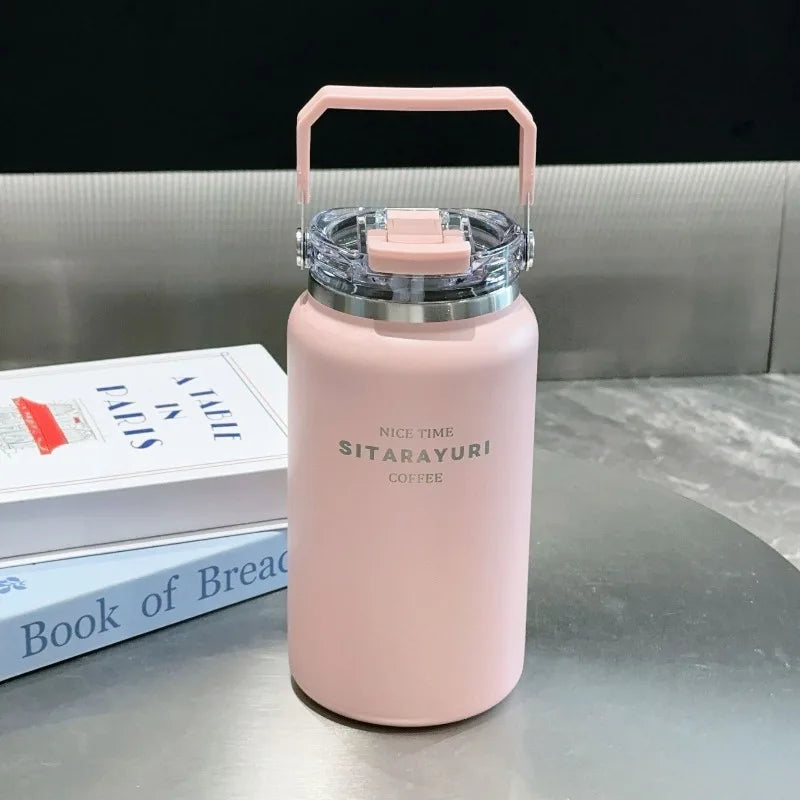 Stainless Steel Thermal Bottle – Insulated Travel Tumbler with Handle & Straw