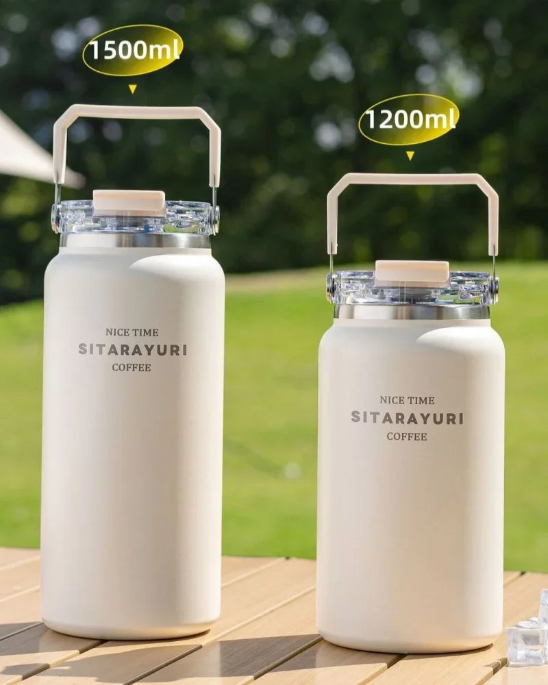 Stainless Steel Thermal Bottle – Insulated Travel Tumbler with Handle & Straw