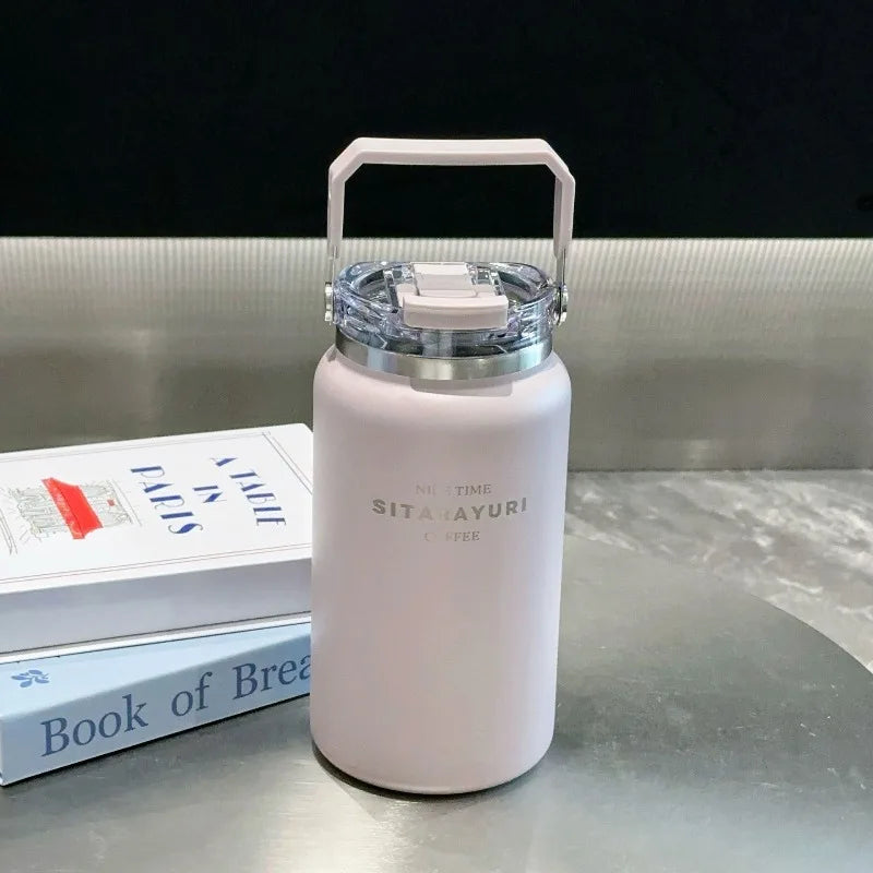 Stainless Steel Thermal Bottle – Insulated Travel Tumbler with Handle & Straw