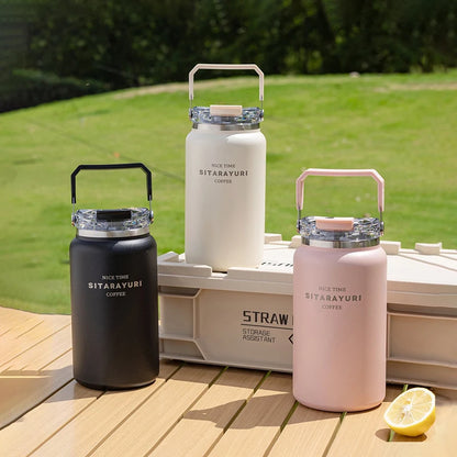 Stainless Steel Thermal Bottle – Insulated Travel Tumbler with Handle & Straw