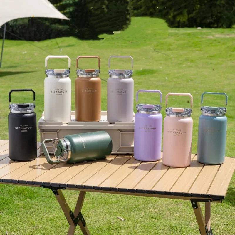 Stainless Steel Thermal Bottle – Insulated Travel Tumbler with Handle & Straw