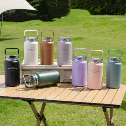 Stainless Steel Thermal Bottle – Insulated Travel Tumbler with Handle & Straw