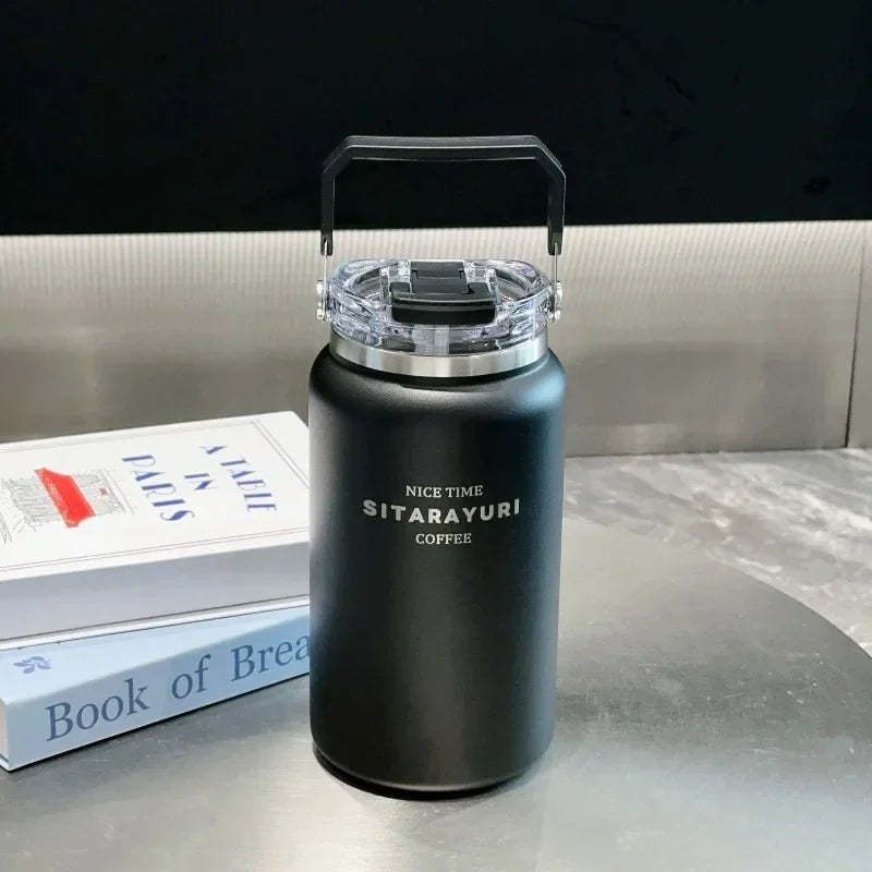 Stainless Steel Thermal Bottle – Insulated Travel Tumbler with Handle & Straw