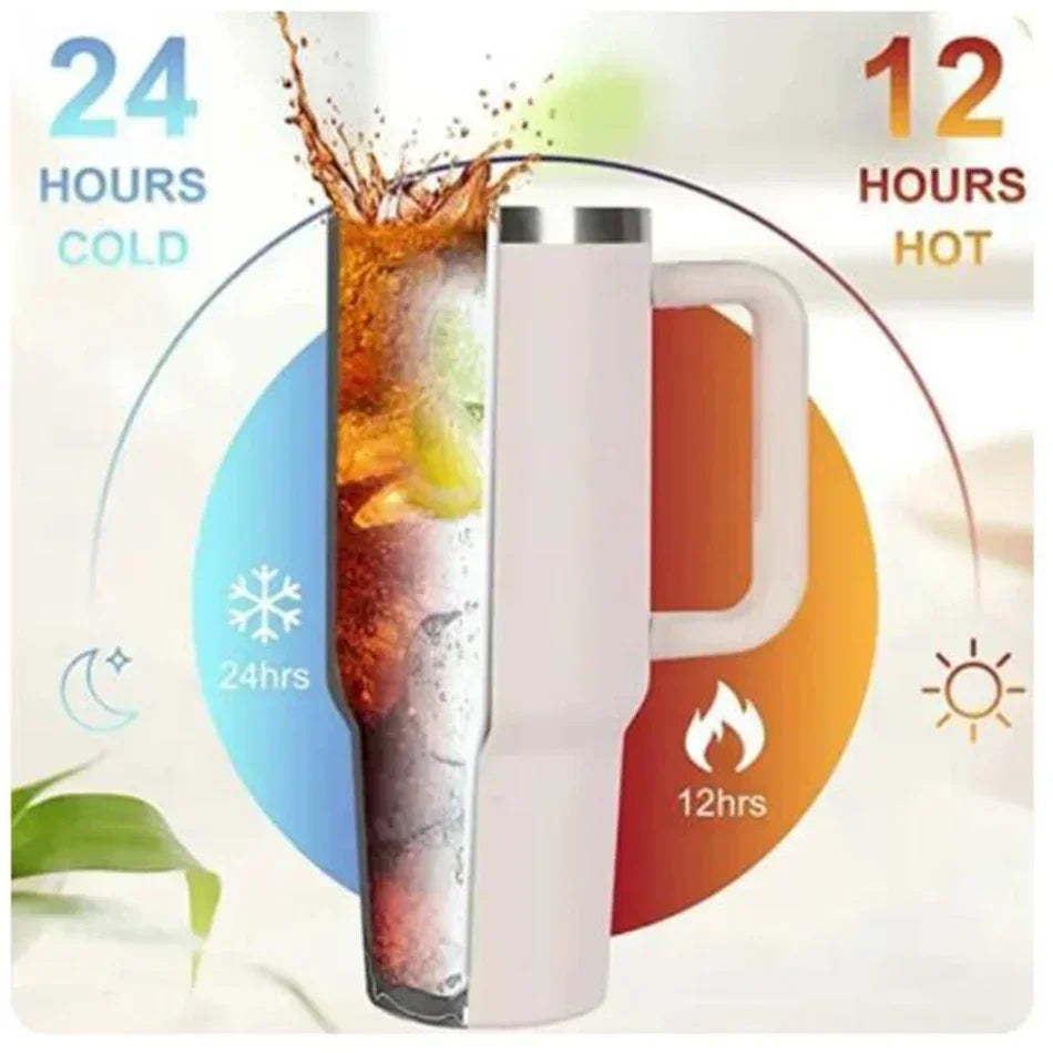 Stainless Steel Insulated Bottle – Hot & Cold Travel Mug with Handle & Straw