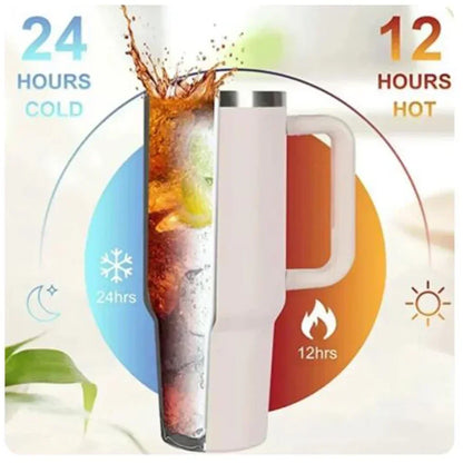 Stainless Steel Insulated Bottle – Hot & Cold Travel Mug with Handle & Straw