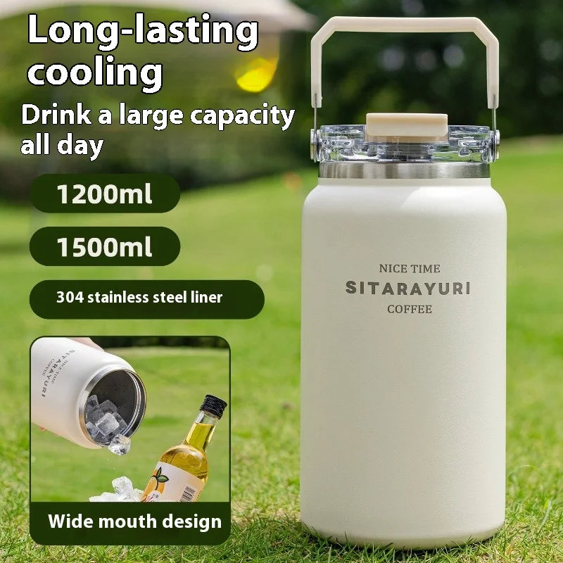 Stainless Steel Thermal Bottle – Insulated Travel Tumbler with Handle & Straw