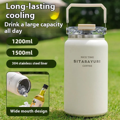 Stainless Steel Thermal Bottle – Insulated Travel Tumbler with Handle & Straw
