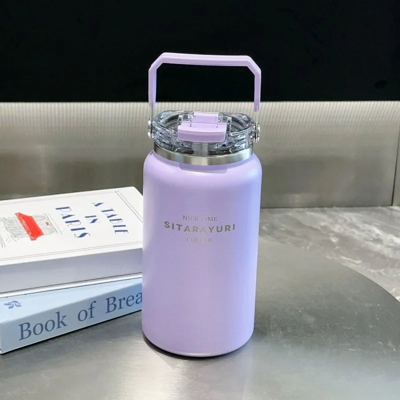 Stainless Steel Thermal Bottle – Insulated Travel Tumbler with Handle & Straw