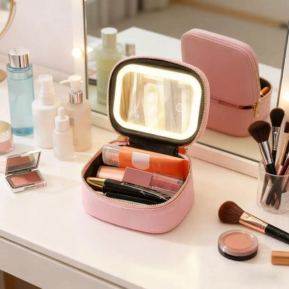 LED Travel Makeup Bag – Rechargeable Cosmetic Mirror with 3 Light Modes
