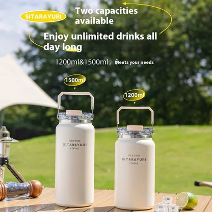 Stainless Steel Thermal Bottle – Insulated Travel Tumbler with Handle & Straw