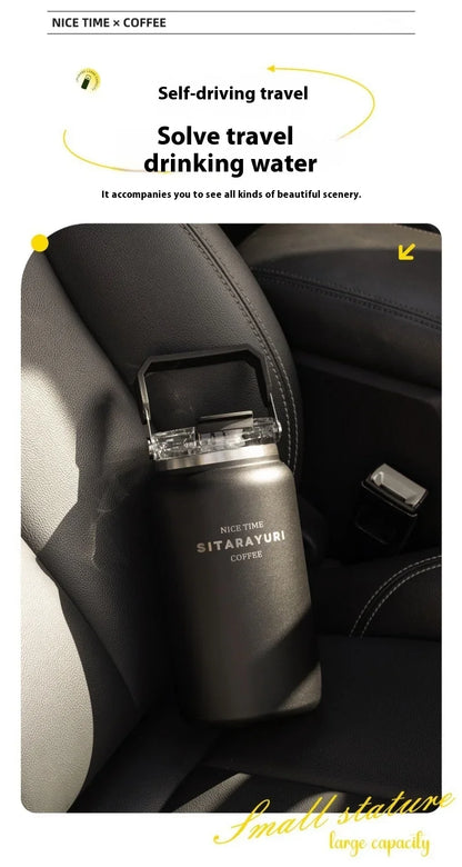 Stainless Steel Thermal Bottle – Insulated Travel Tumbler with Handle & Straw