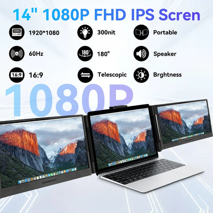 14-Inch Portable Laptop Screen Extender – Dual/Triple FHD 1080P IPS Monitor for Windows & Mac