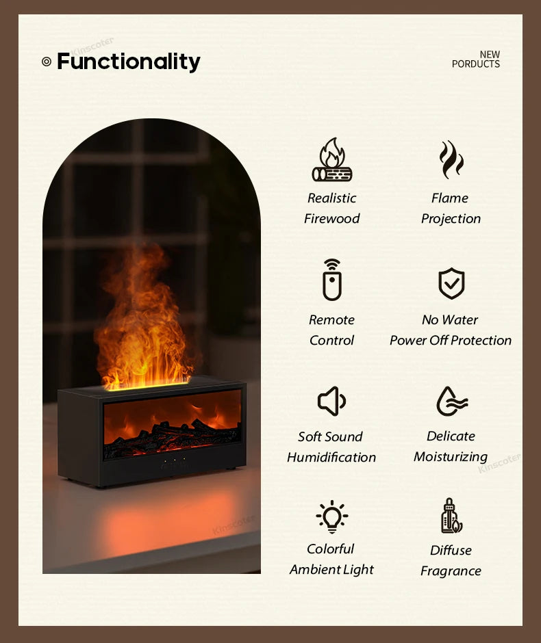 Fireplace Air Humidifier & Aroma Diffuser – with LED Flame Effect & Remote Control