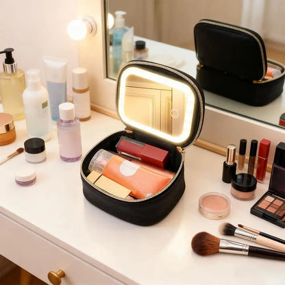 LED Travel Makeup Bag – Rechargeable Cosmetic Mirror with 3 Light Modes