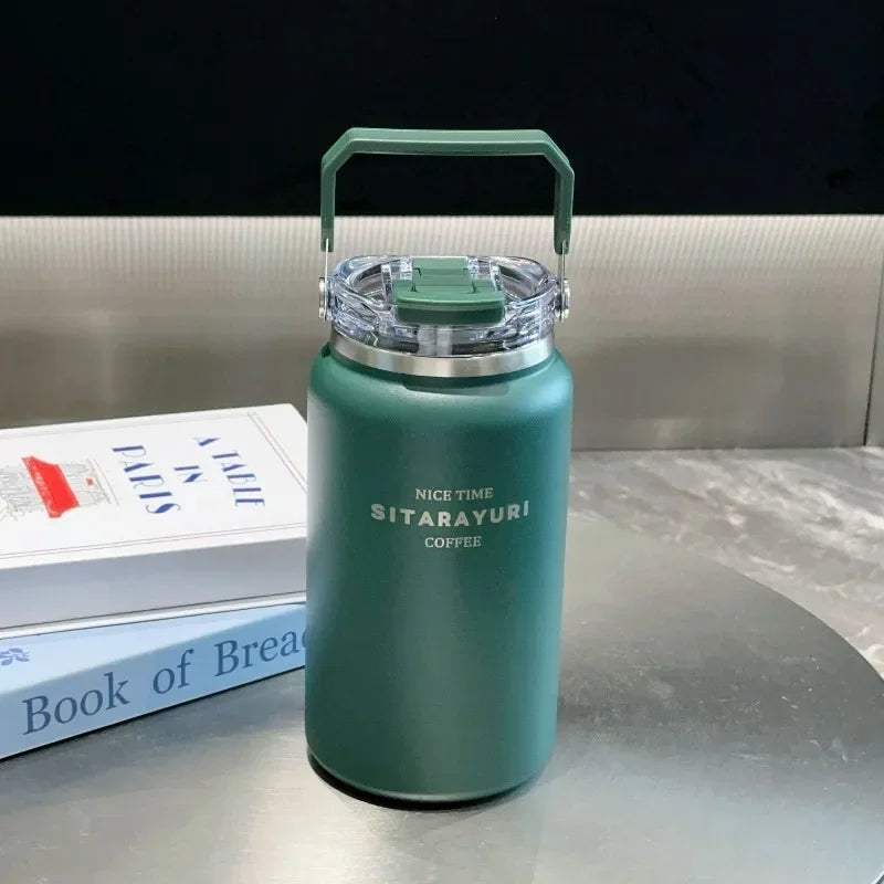 Stainless Steel Thermal Bottle – Insulated Travel Tumbler with Handle & Straw