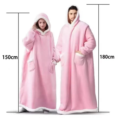 180cm Super Long Flannel Blanket Pyjamas with Sleeves Winter Hoodies Sweatshirt Women Men Pullover Fleece Giant Oversized Outd