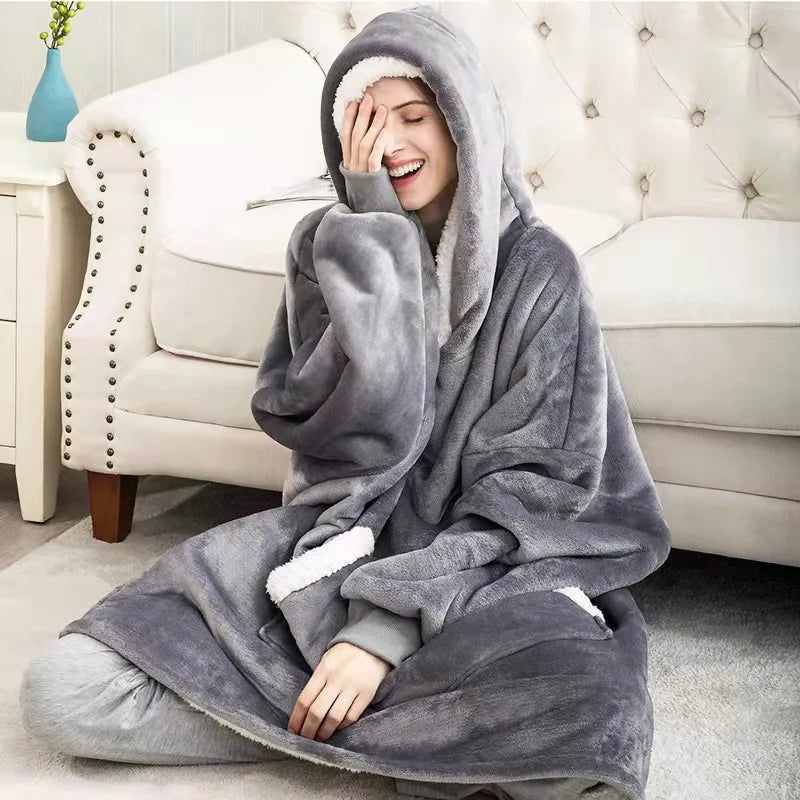 180cm Super Long Flannel Blanket Pyjamas with Sleeves Winter Hoodies Sweatshirt Women Men Pullover Fleece Giant Oversized Outd