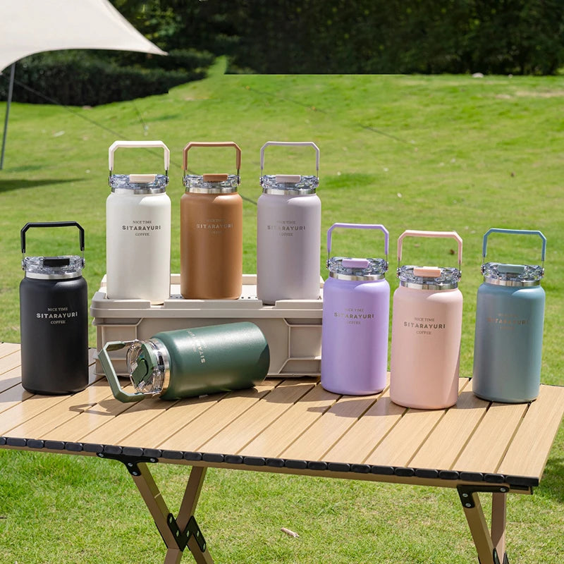 Stainless Steel Thermal Bottle – Insulated Travel Tumbler with Handle & Straw