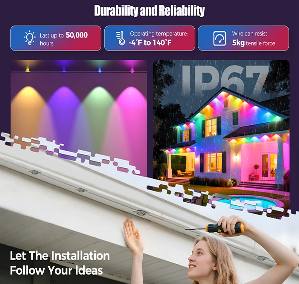 LED Smart Outdoor String Lights – RGBIC, App Control, Music Sync, IP67 Waterproof