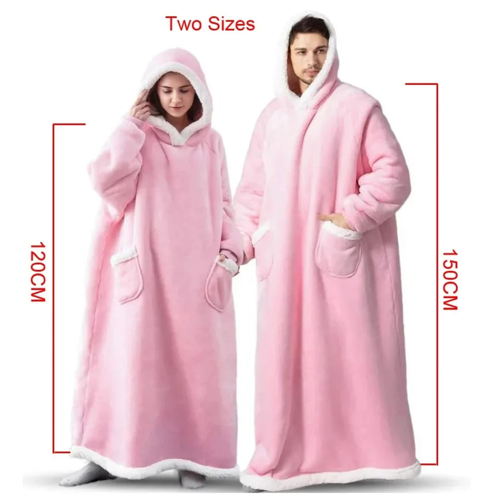180cm Super Long Flannel Blanket Pyjamas with Sleeves Winter Hoodies Sweatshirt Women Men Pullover Fleece Giant Oversized Outd