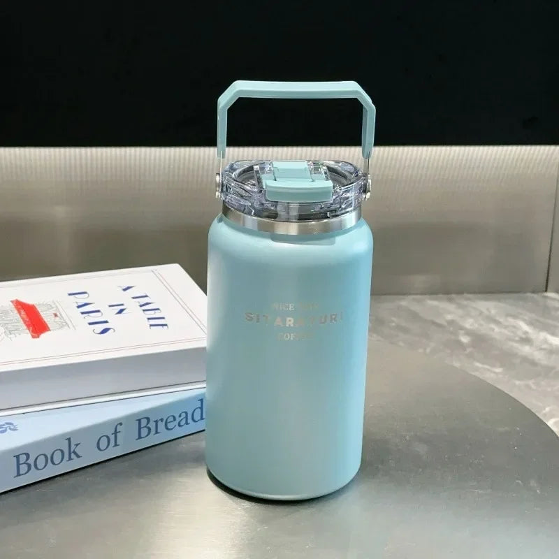 Stainless Steel Thermal Bottle – Insulated Travel Tumbler with Handle & Straw